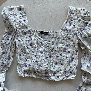 Floral Cropped Top Long Sleeve Buttons Zara Size M